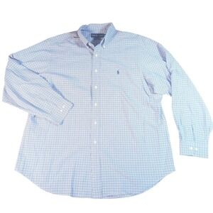 Ralph Lauren Men's 17.5 Blue Plaid Classic Fit Stretch Dress Shirt Pony Logo